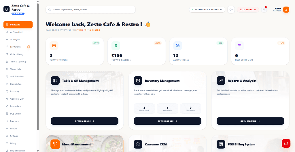 KitchenCores live admin dashboard interface deployed at Zesto Cafe and Restro