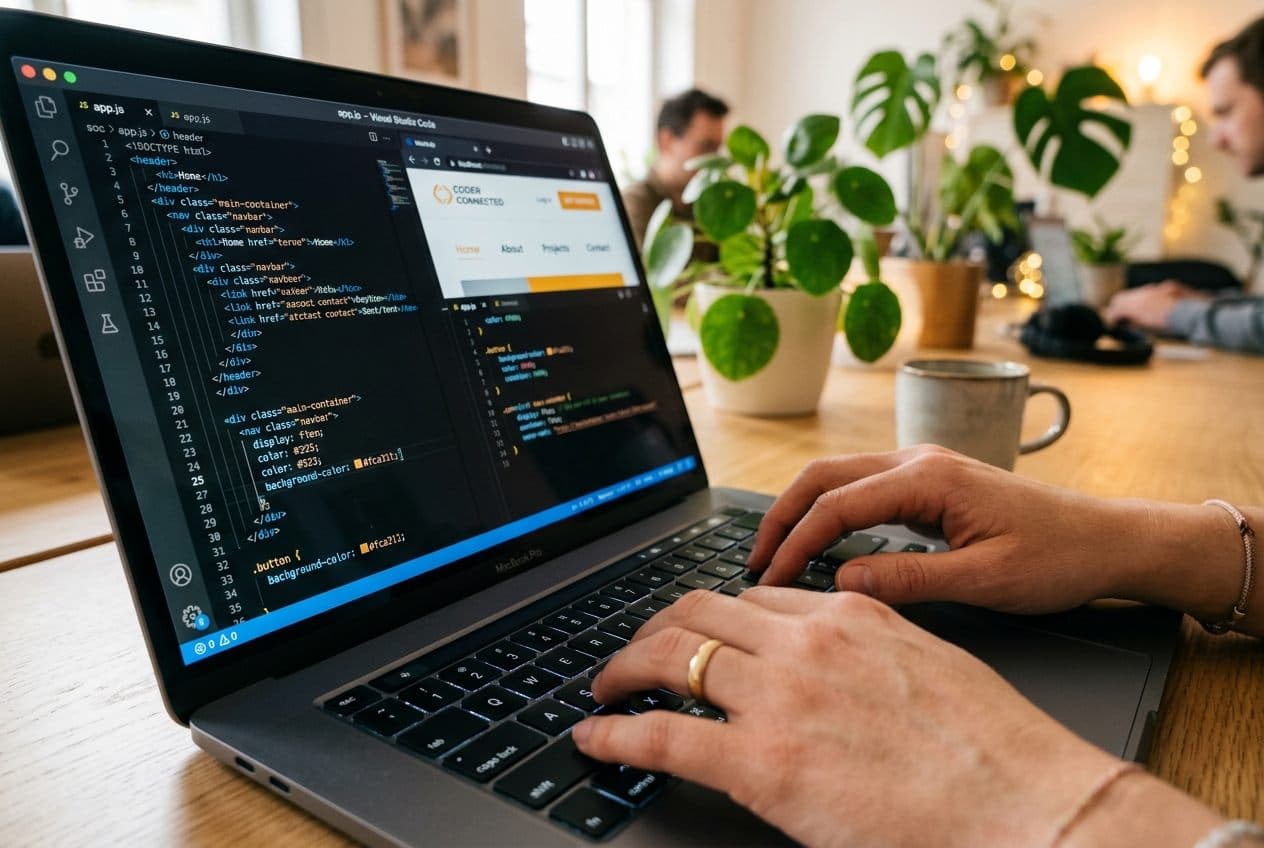 Developer coding responsive web application