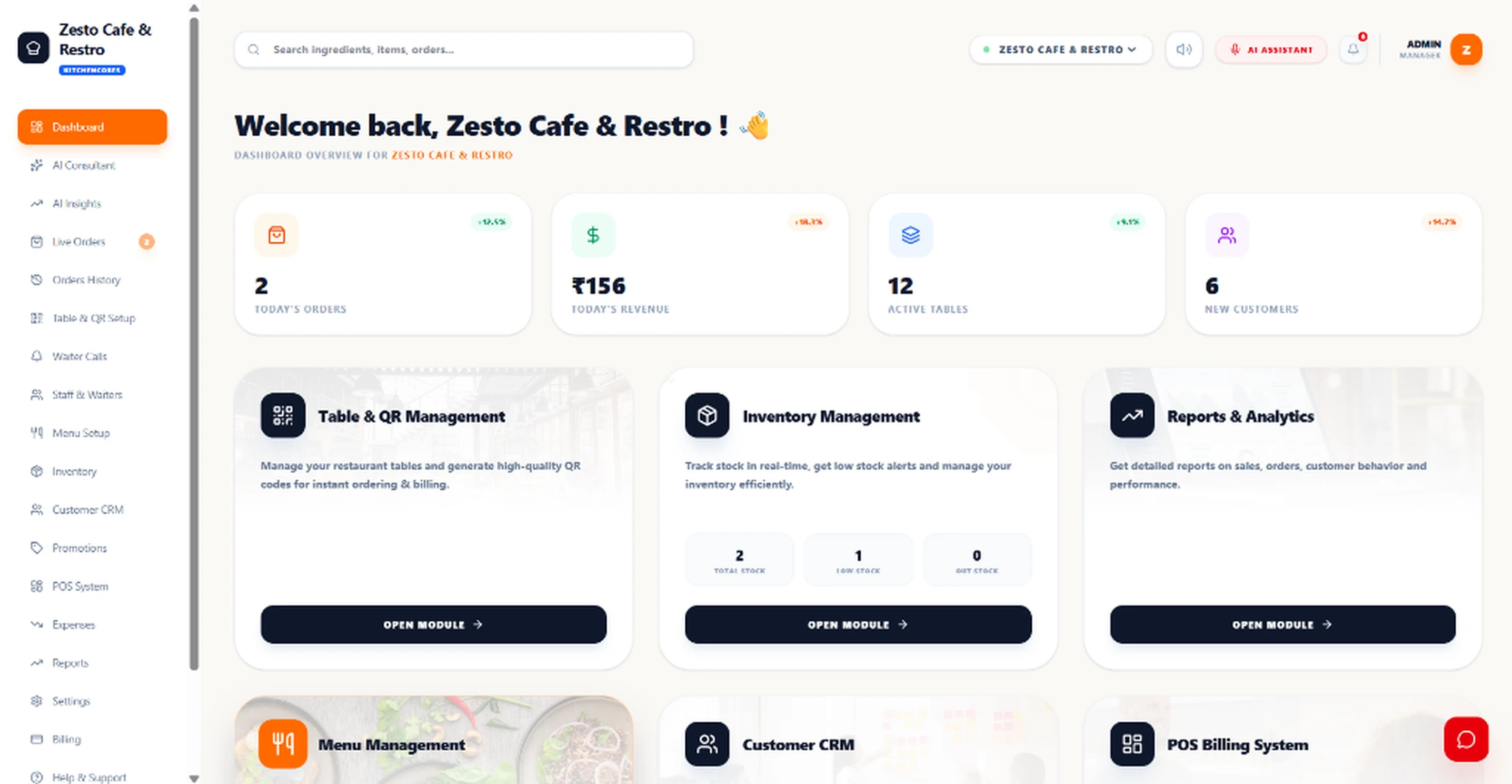 KitchenCores Real Restaurant Admin Dashboard - Live at Zesto Cafe & Restro